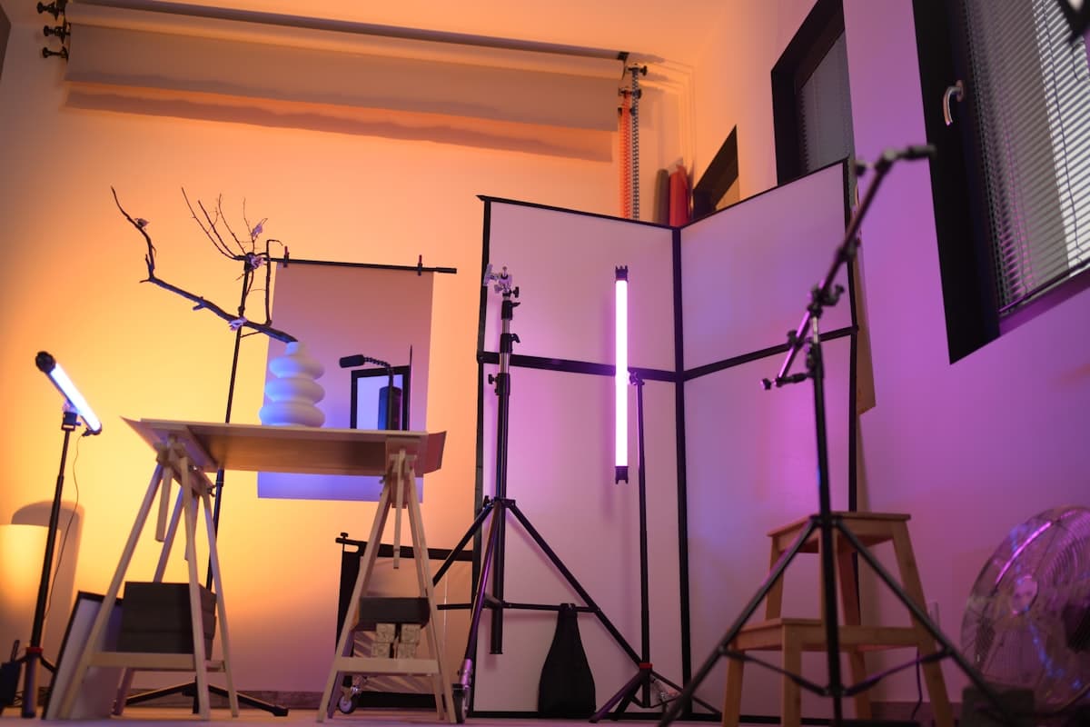 A lit studio set with tube lights and coloured gels